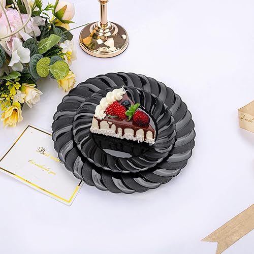 Miniatura 4 de U-QE 100 platos de plástico negro, platos desechables negros resistentes, que incluyen 50 platos llanos de 9 pulgadas y 50 platos de postre de 6.5
