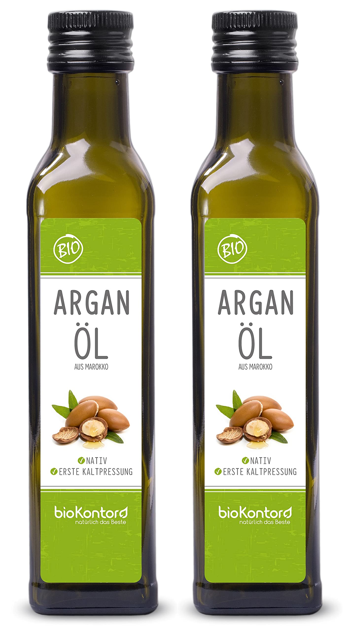bioKontor – BIO Arganöl 500ml (2 x 250 ml) – Argan Öl aus Marokko nativ kaltgepresst – 100% rein, Rohkostqualität – Bio Arganöl für Haut, Haare und als Lebensmittel – Feuchtigkeitspflege & Haarkur