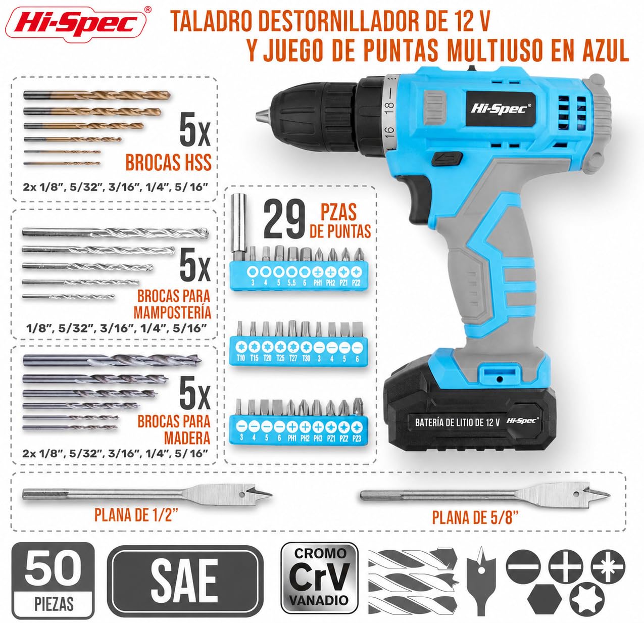Hi-Spec Taladro Atornillador Destornillador Inalámbrico Azul de 12V Batería de 1300mAh hasta 20Nm, Velocidad Variable y Luz Led. con Maletín Estuche de 46 Puntas Brocas y Accesorios de Bricolaje.