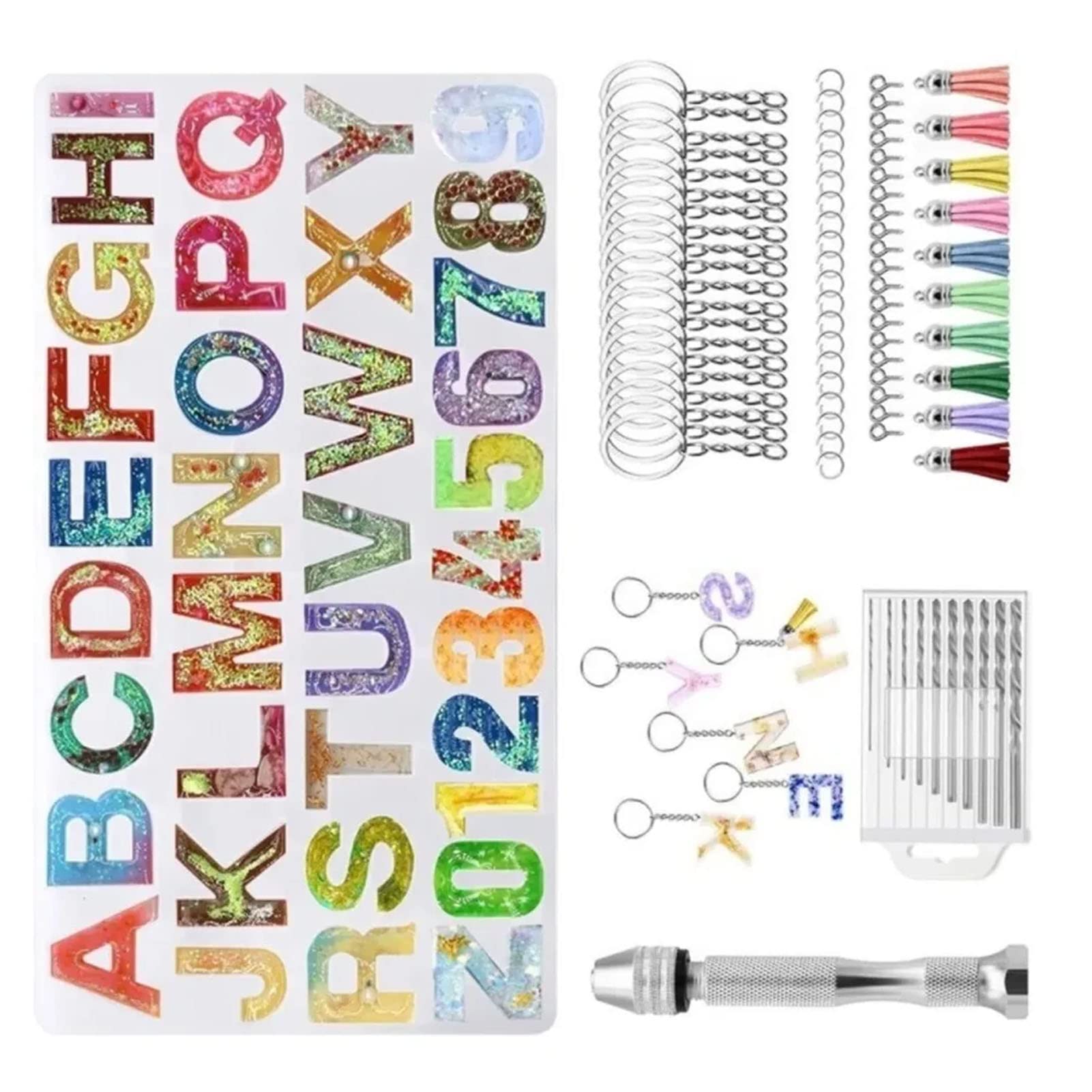 Kit di Stampi Per Colata in Resina Siliconica con Alfabeto, Lettere E Numeri, Stampi in Silicone Per Resina, Portachiavi con Figure in Resina a Specchio Fai-da-te, Set Per Gioielli, Orecchini Pendenti
