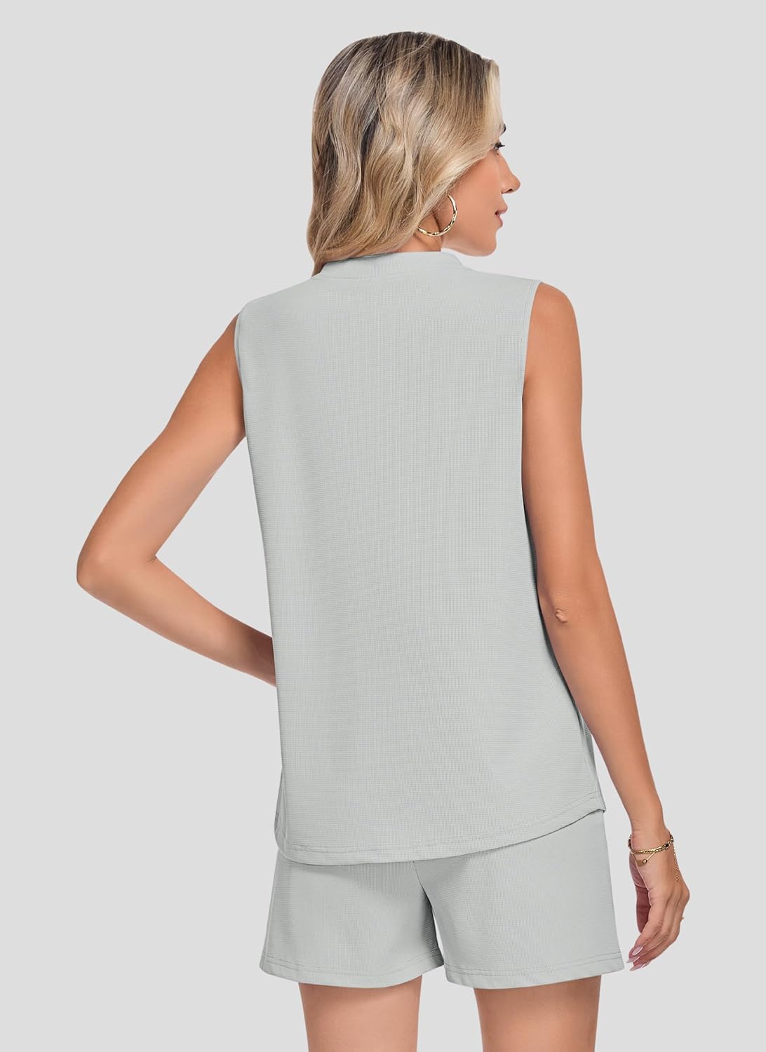 AUSELILY Women's Two Piece Sets Waffle Knit Summer V Neck Sleeveless Pleated Shorts Set Matching Sets Women Clothing 2026 - Image 5