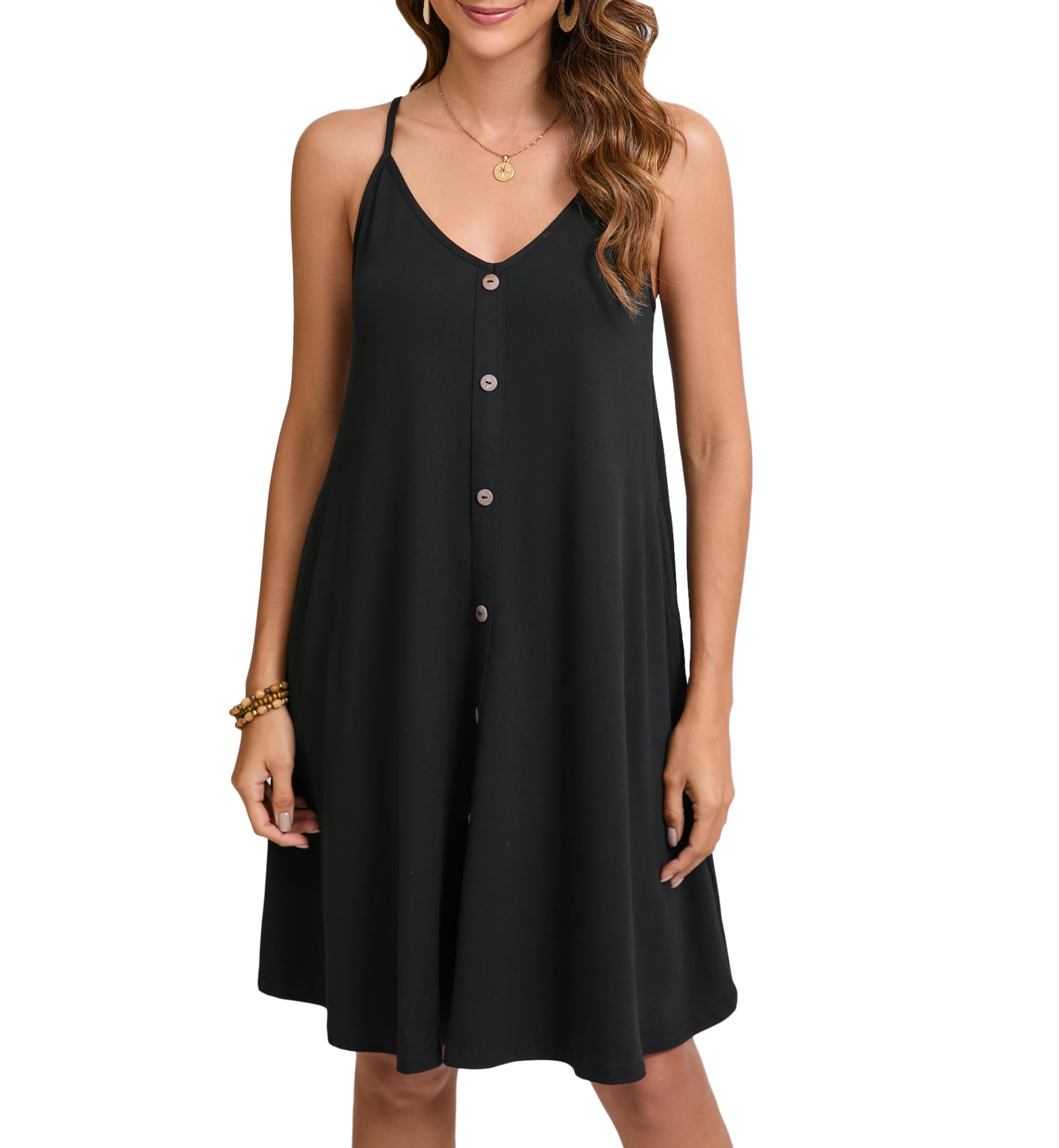 Enmain Mujer Vestidos Verano Floral Sin Mangas Vestido de Playa hasta la Rodilla Casual Cuello en V Tirantes de Espagueti Vestidos con Bolsillos para Fiesta Hawai Vacaciones S-2XL