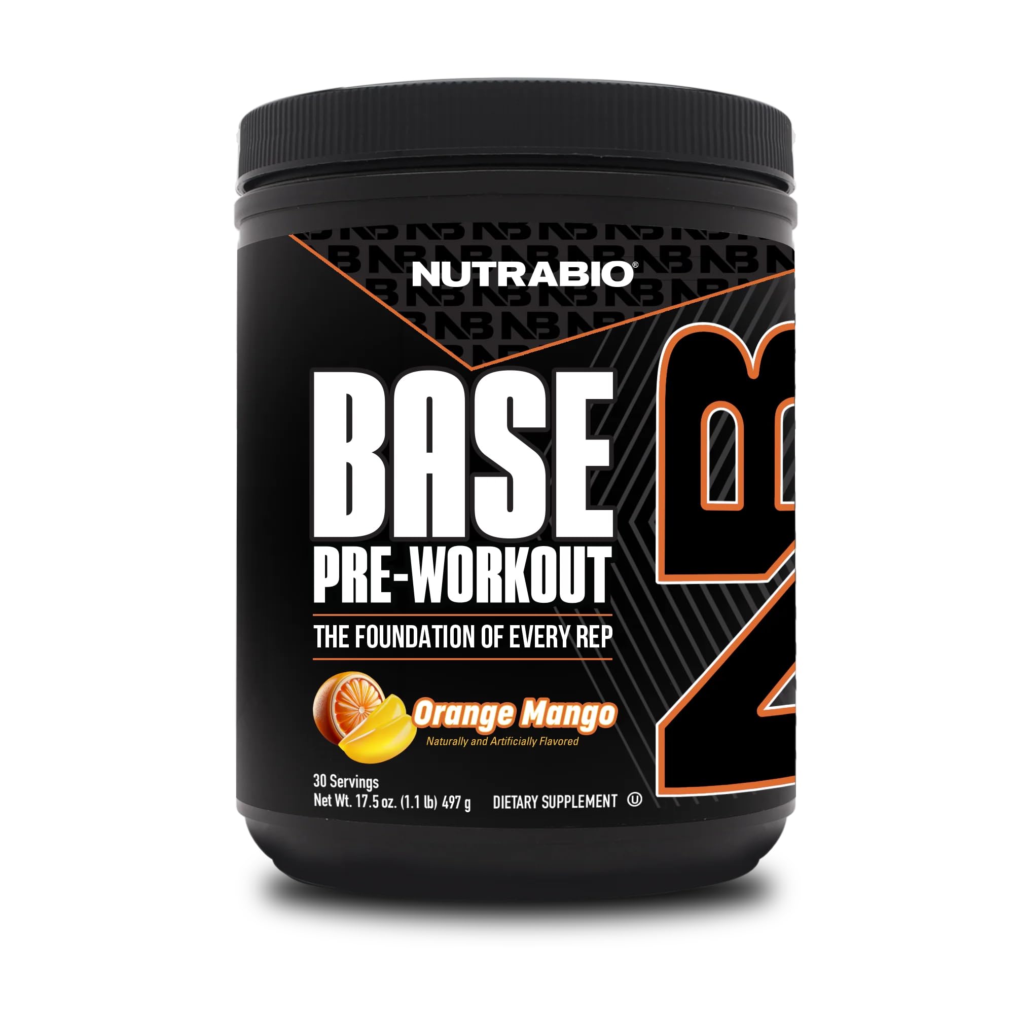 NutraBio Base Pre-Workout Powder 200mg Caffeine, Sustained Energy, Focus, Endurance, Pump, Sugar Free, Clean Preworkout for Men and Women - Beta Alanine, L-Tyrosine, 30 Servings - Orange Mango