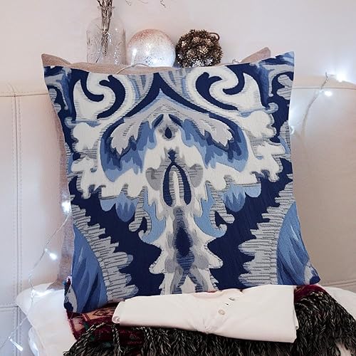 Miniatura 6 de Fundas de almohada de medallón azul y gris Ikat para exteriores, color azul marino y blanco, fundas de cojín impermeables para patio, tienda de