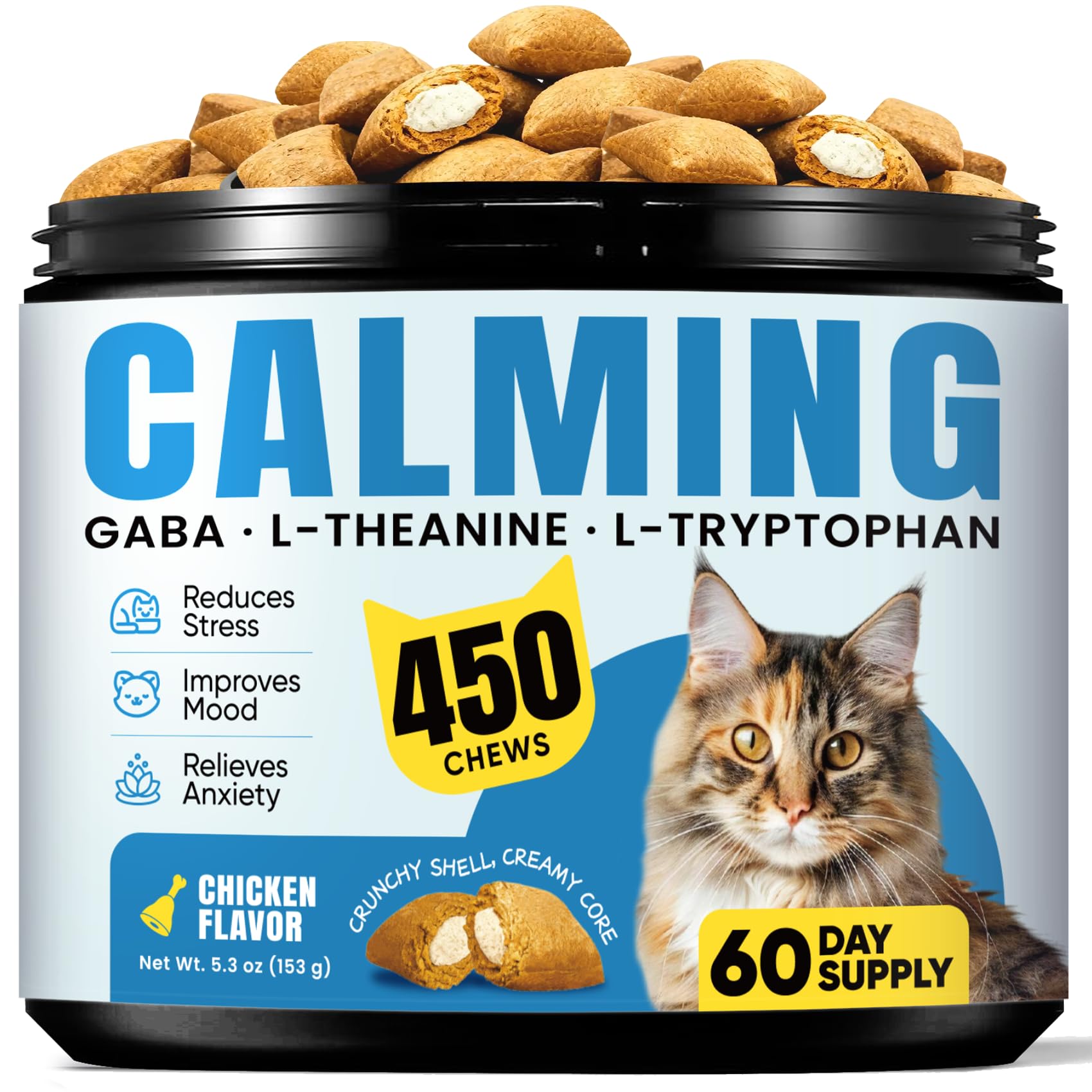 Calming Cat Treats with GABA for Anxiety Relief - Calming Cat Chews Help Reduce Stress & Promote Relaxation, Melatonin for Cats for Grooming, Travel, Vet Visits & Separation Anxiety - Chicken Flavor