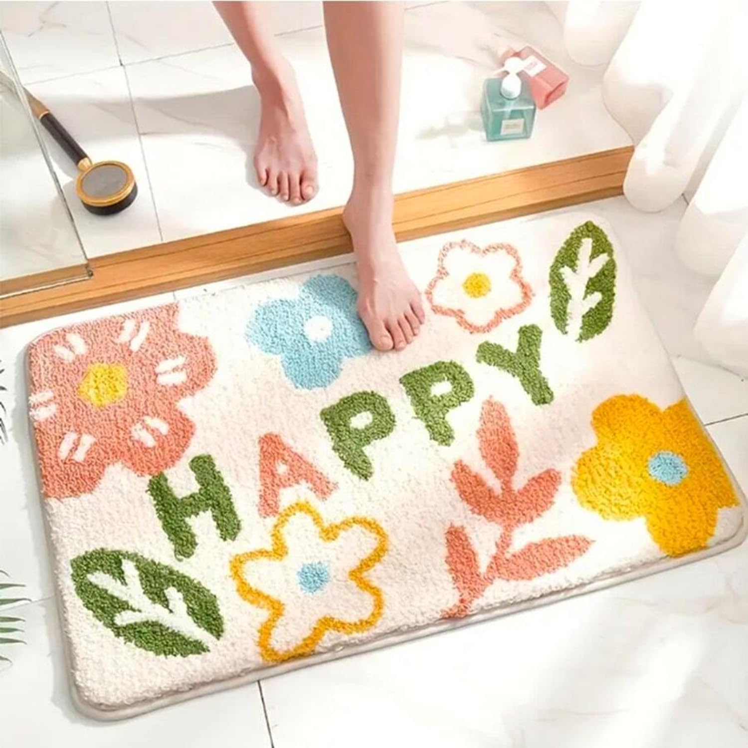 HYTTER Fashionable Non-slip Entrance Door Mats, Thick Flocked Bathroom Floor Mats Rugs, Strong Water Absorption Capacity, Quick-drying Entrance Doormats for Indoors, Outdoors, Bathrooms (Happy Flower)