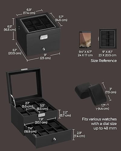 Miniatura 6 de SONGMICS Caja de reloj de 16 ranuras, caja de reloj con tapa de vidrio, 2 capas, vitrina de reloj con cerradura, cuero sintético negro, forro negro