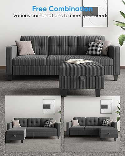 Miniatura 4 de Sofá modular de 76 pulgadas con otomana de almacenamiento, sofá convertible de pana en forma de L, sofás modernos de 3 plazas para sala de estar,