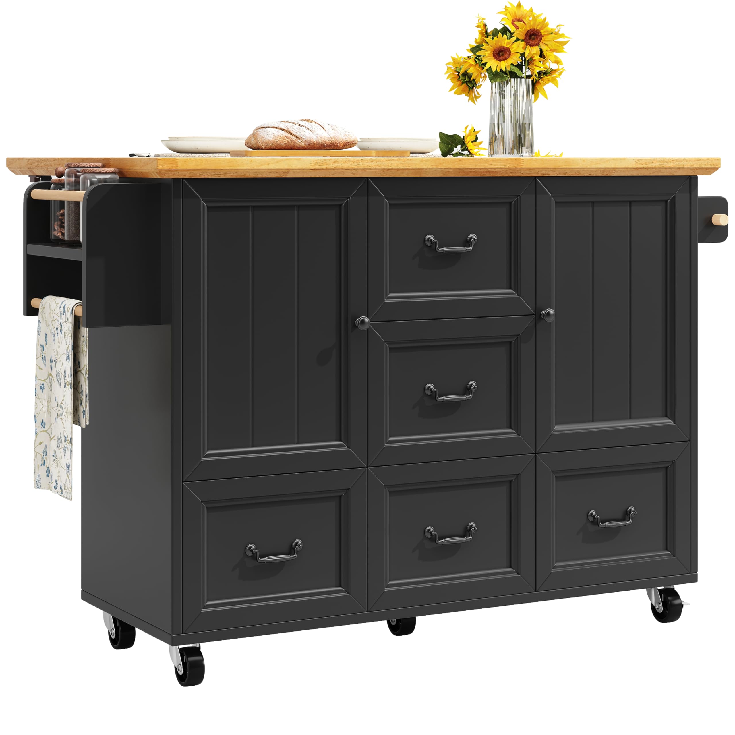 Isola cucina su rotelle, isola cucina allungabile con 2 ante e 5 cassetti, carrello da cucina con portasciugamani e portaspezie per cucina, sala da pranzo, mobile buffet, nero