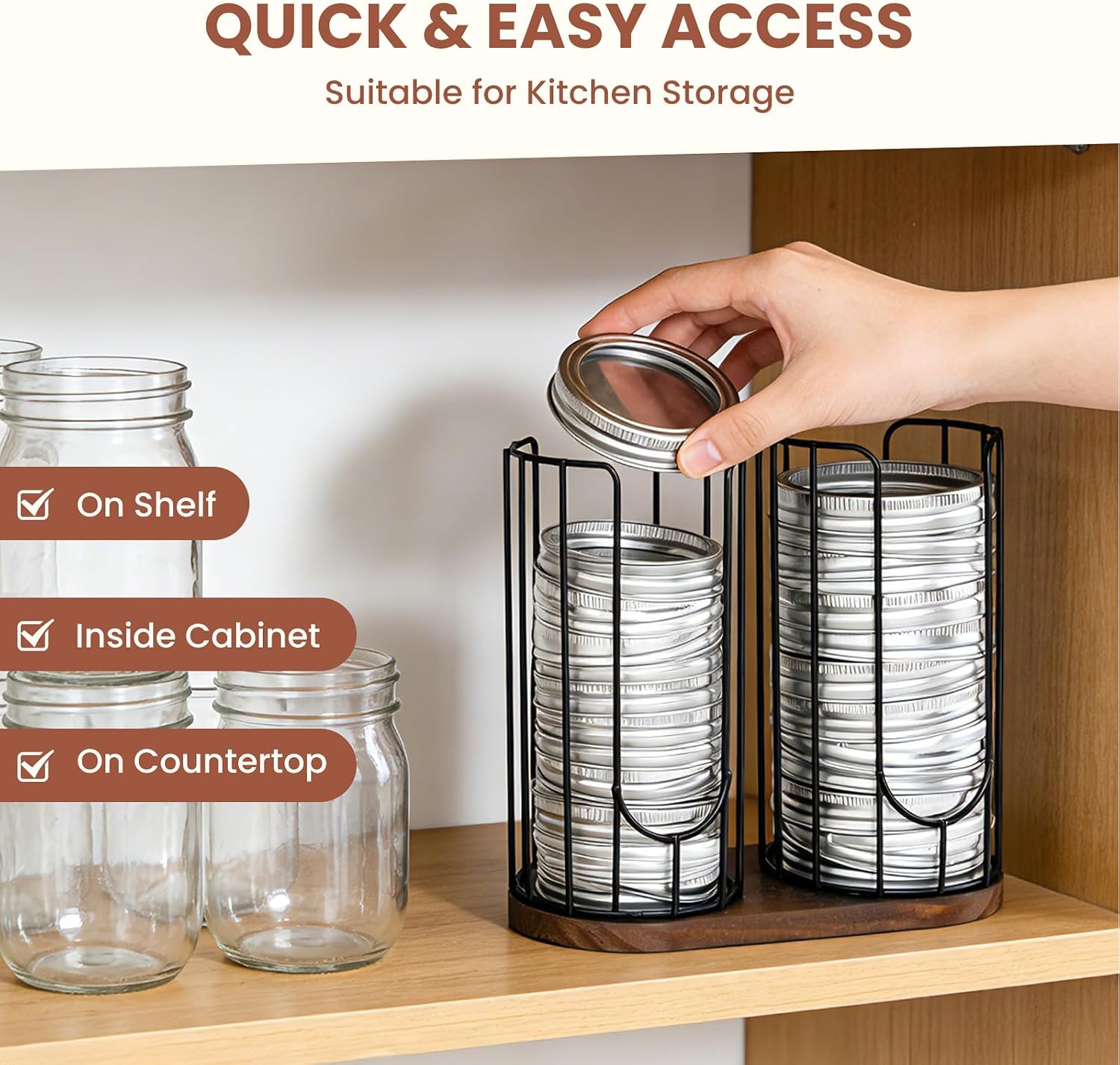 Mason Jar Lid Organizer (Wide Mouth & Regular Mouth) Mason Jar Lid Holder with Wood Base & Iron Frame Lid Storage Accessories for Kitchen Organization, Fit Mason/Canning/Bamboo Lids