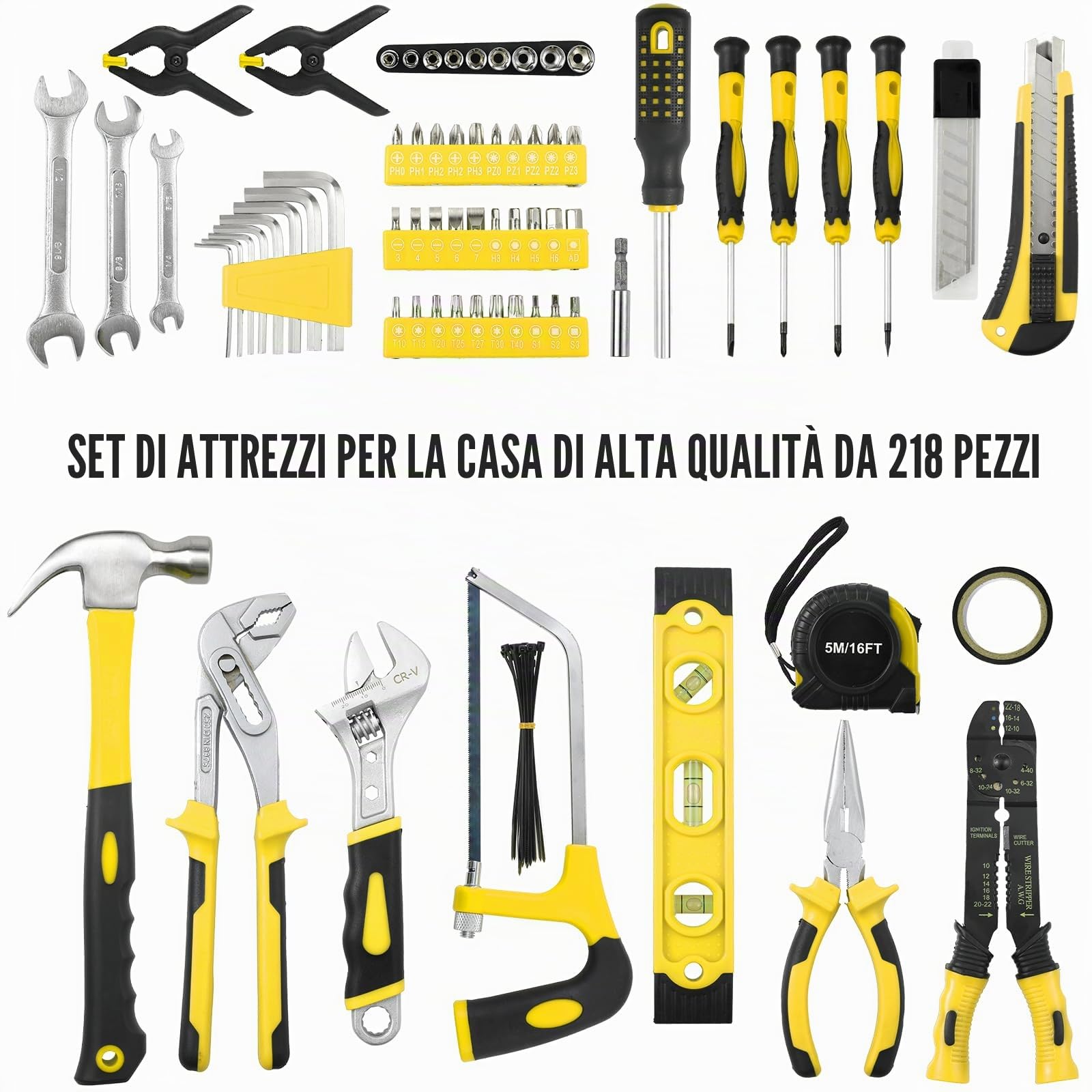TLGREEN Cassetta Attrezzi, Valigia Attrezzi Completa 218 Pezzi, Set Attrezzi con Chiave Regolabile,Martello,Pinze, Sega, Cacciavite Precisione Set di Cacciaviti Riparazioni Domestici Ufficio (giallo)