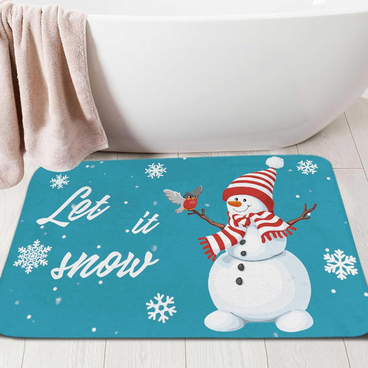 MERCHR Snowman Christmas Bath Mat, Blue Winter Floor Mat