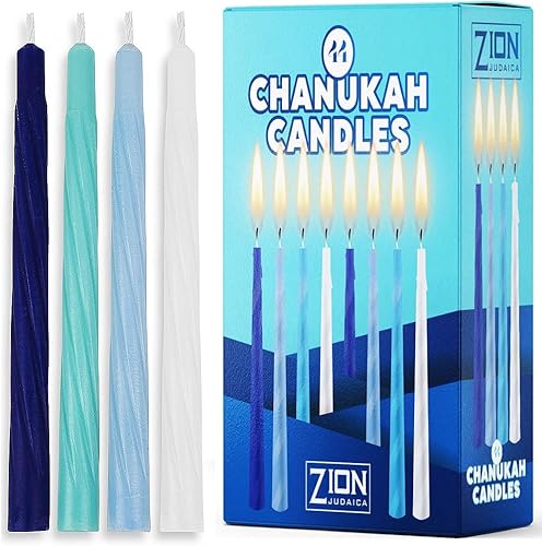 Velas para Menorá de Hanukkah Caja de 44 Multi-Azul con Tarjeta de Oración - Velas de Chanukah de Cera de Calidad Estilo Espiral - Se Adapta a la