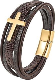 Läderarmband för män, läderarmband med kors, svart brunt armband och rostfritt stål för män, 21 cm armband herrarmband smycken present man far farfar farfar