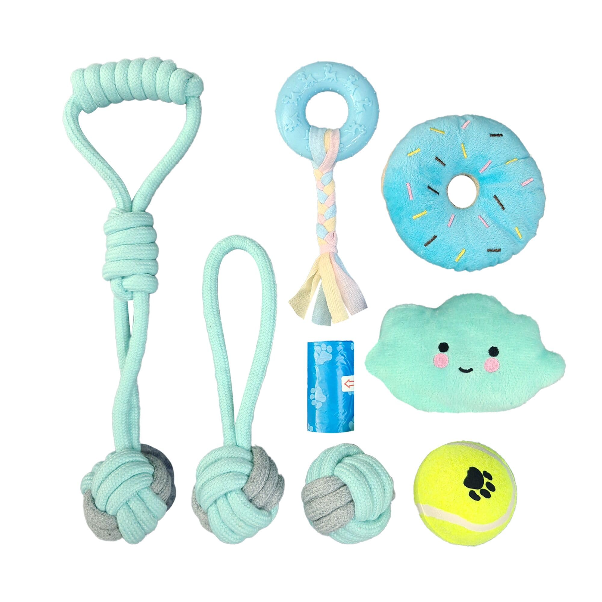 JWPET 8PCS Puppy Teething Toys Set - Interactive Dog Chew Toys with Ball & Cotton Ropes | Safe & Durable Teething Toys for Small Puppies & Medium Dogs | Includes Leak-Proof Poop Bags (Blue-B)
