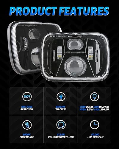 Miniatura 7 de Faros delanteros LED H6054 de 7 x 6, 5 x 7, faros delanteros sellados de haz alto y bajo, DOT 110 W, 8400 lm, compatible con Jeep Cherokee XJ