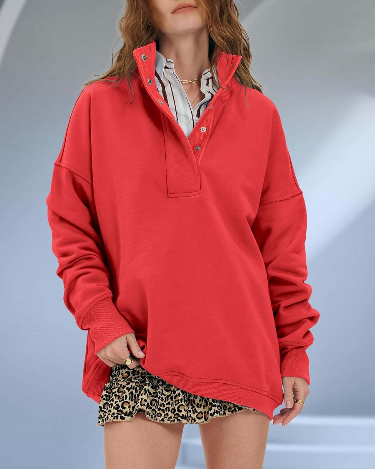 Women's Oversized Sweatshirts Button Up Henley Neck Pullover Tops Loose Fit Fashion Outfits Clothes - Image 2