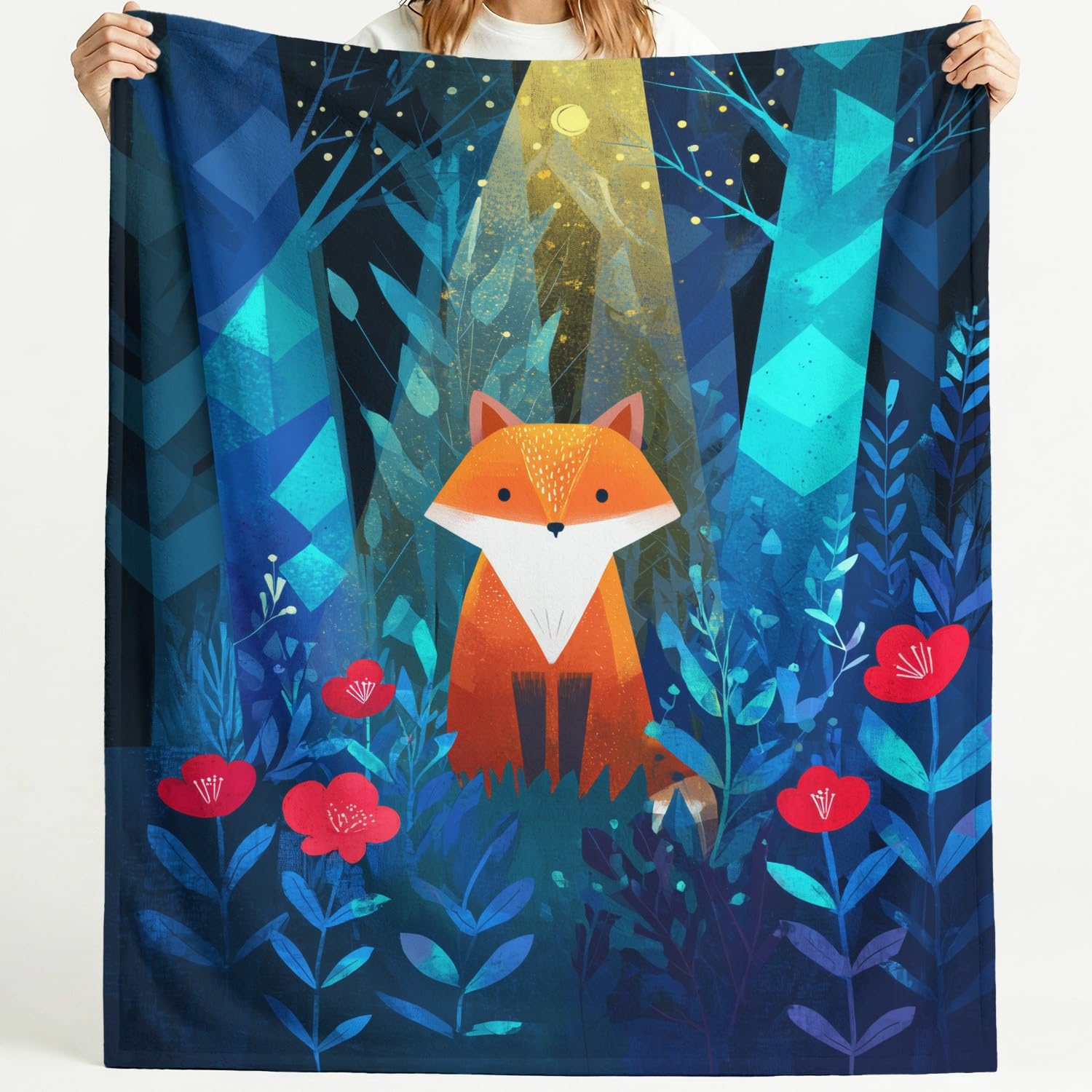 Flanelowy koc w kratę 150 cm x 180 cm grube jesienne koce polarowe, kreskówka minimalistyczny tajemniczy naturalny geometryczny las zwierzęta miękki lis lekkie koce