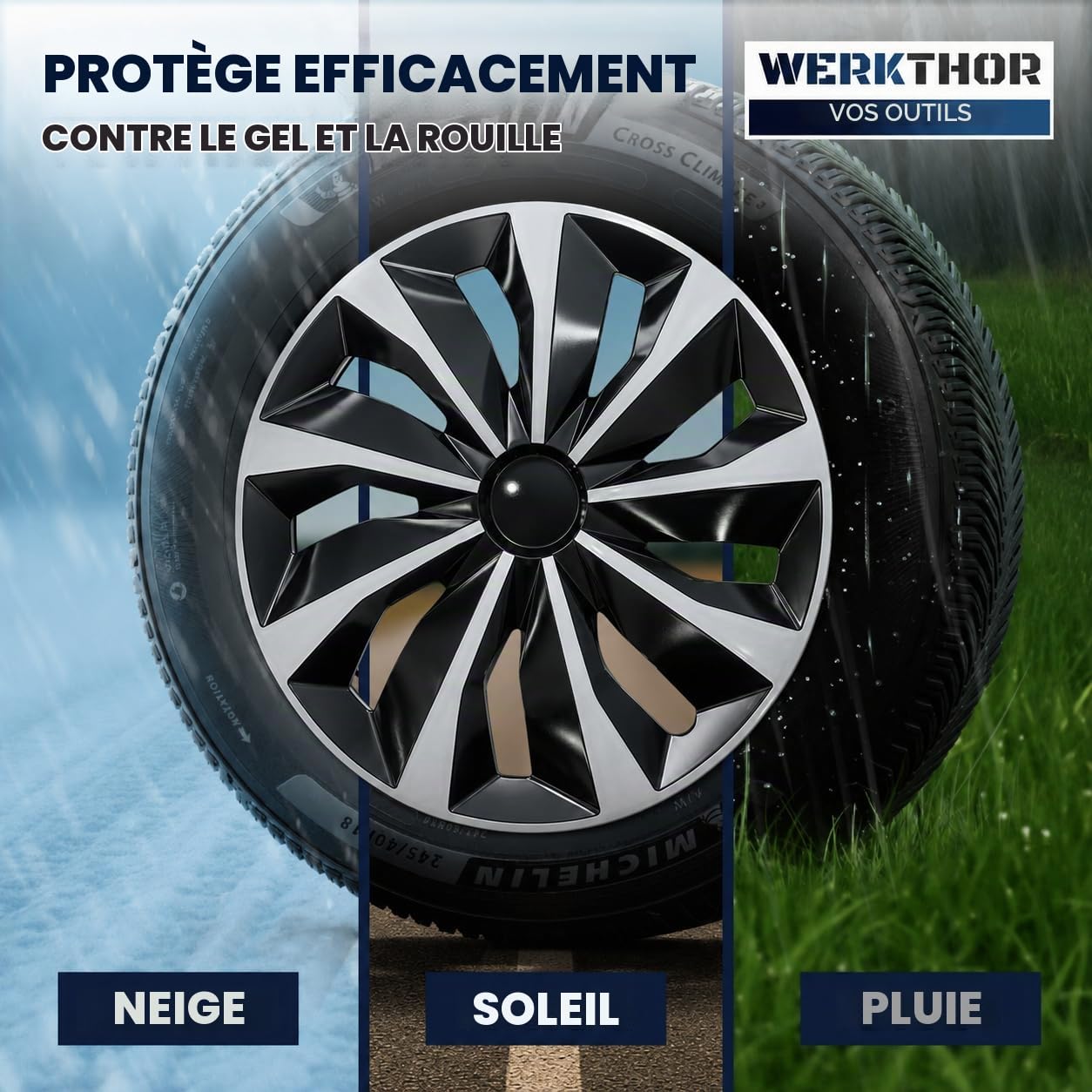 WERKTHOR Lot de 4 enjoliveurs de qualité supérieure - 17" - Noir/argenté