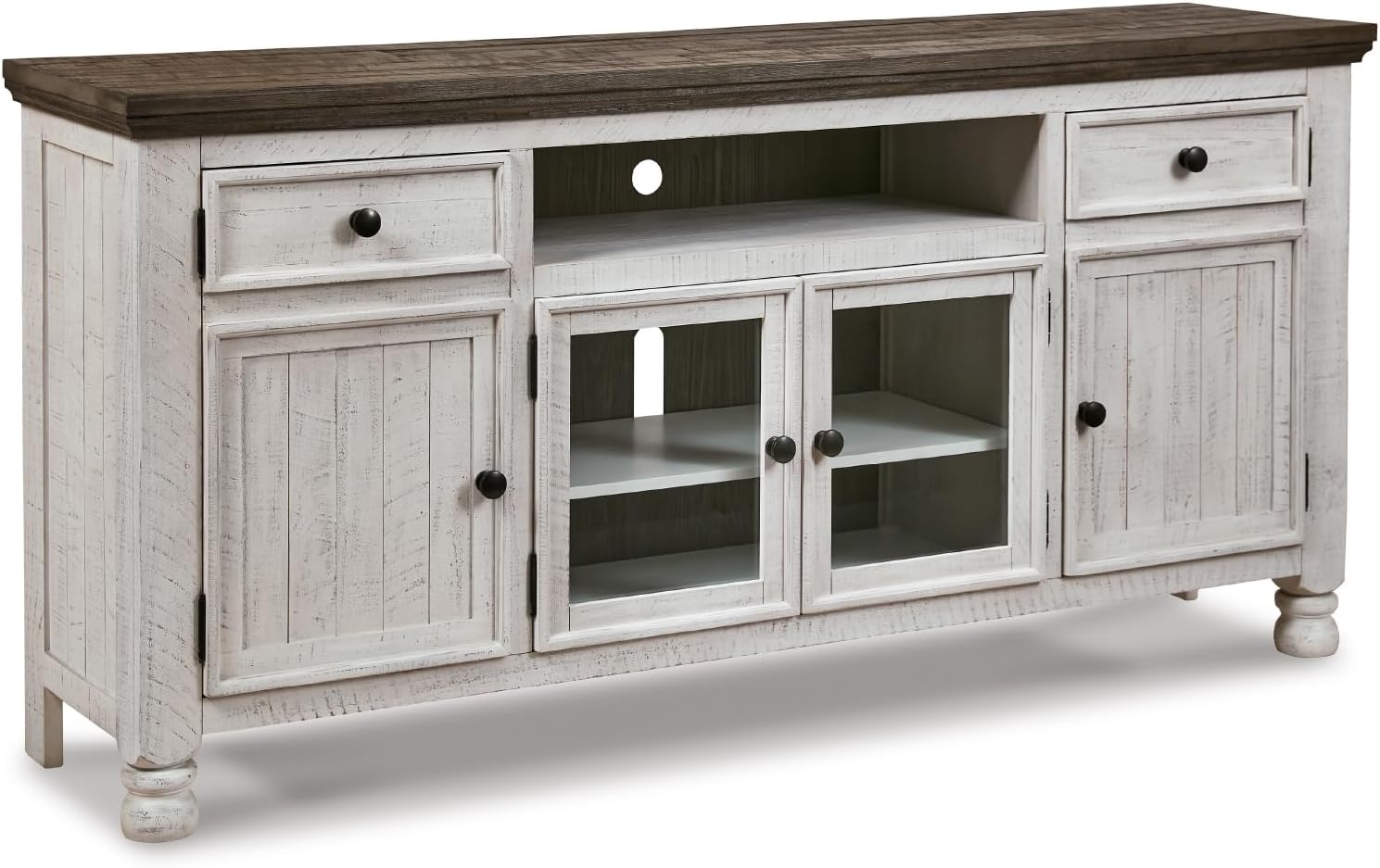 Signature Design by Ashley Havalance Farmhouse TV Stand Fits TVs up to 72", 4 Cabinets and Shelves For Storage, Vintage White & Weathered Gray