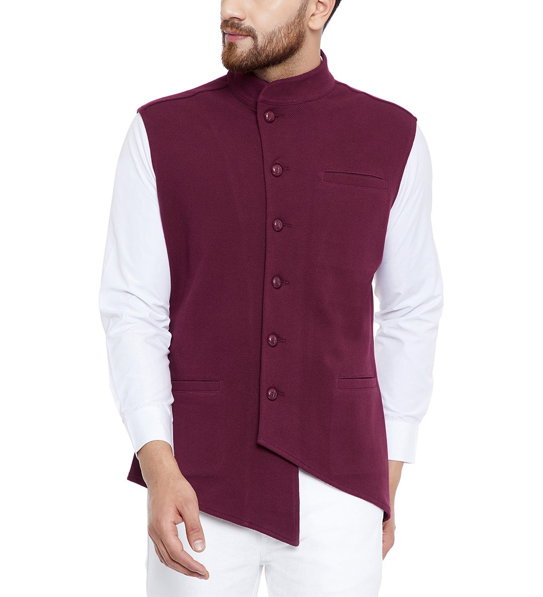 hypernation Maroon Color Cotton Asymmetrical Waistcoat for Men(HYPM02075)-picture-14