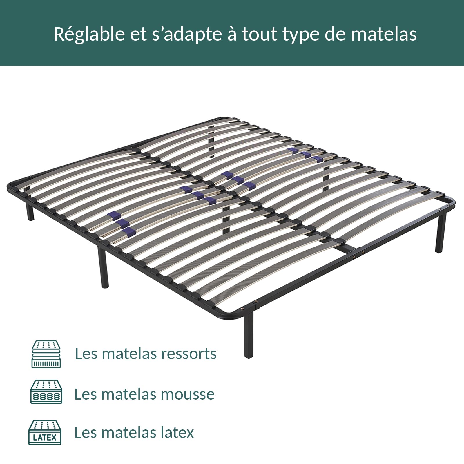 SAMPUR Confort LIT - Sommier 180x200 cm avec 7 Pieds | Lit avec Sommier à Lattes pour Adulte | 2x18 Lattes Dont 6 réglables | Résistant et Confortable | Montage Rapide et Facile