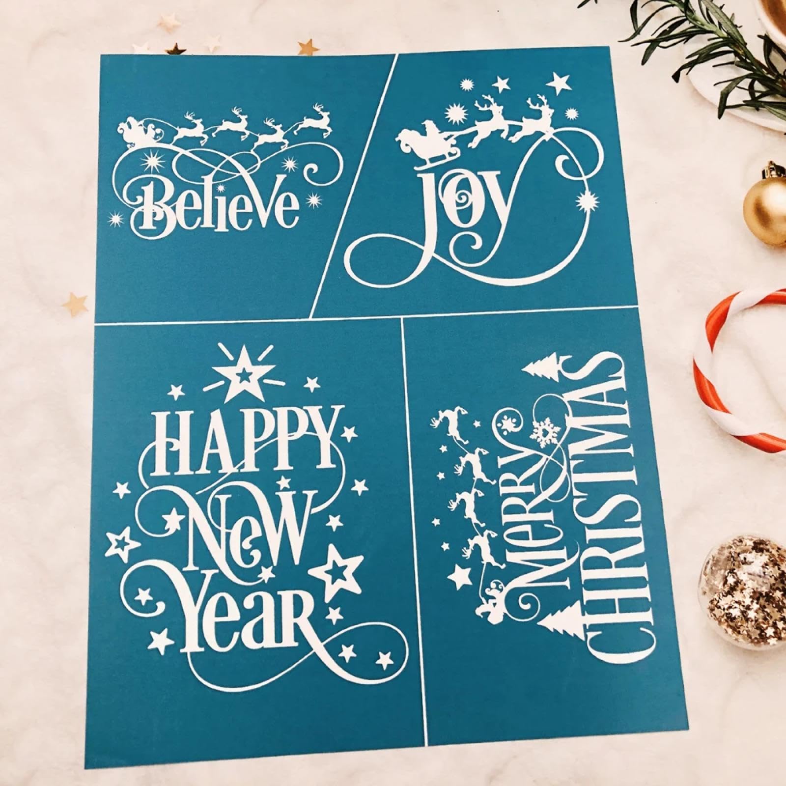 MANGOUSONG Screen Printing Kit,21.59x27.94cm Merry Christmas Joy Reusable Self- Adhesive Silk Screen Stencils Mesh Transfers for Home Decoration Handmade Craft