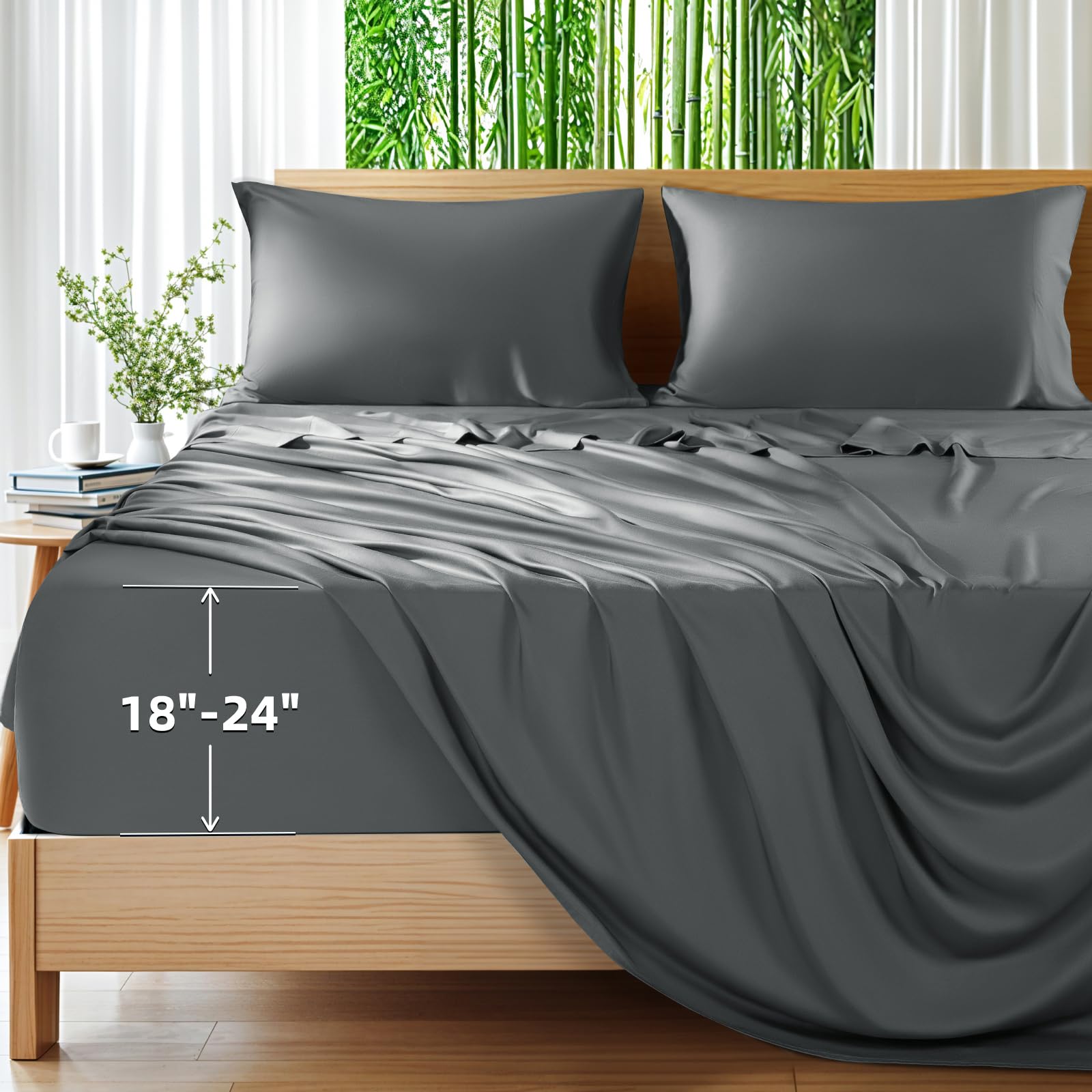Shilucheng 100 Viscose Derived from Bamboo Sheets Extra Deep Pocket Sheets Fits 18-24 Thick Mattress Cooling Breathable Bed