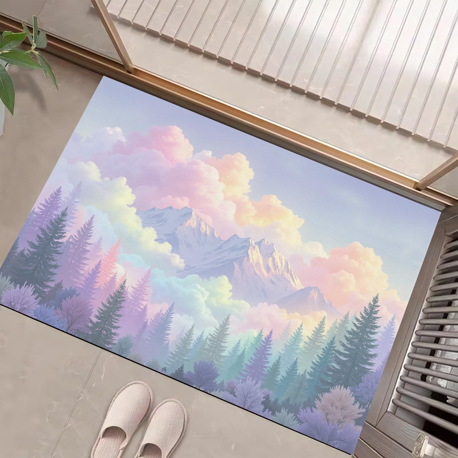 Tapis de Noël paysage de montagne rose, l'idée cadeau idéale pour décorer le seuil