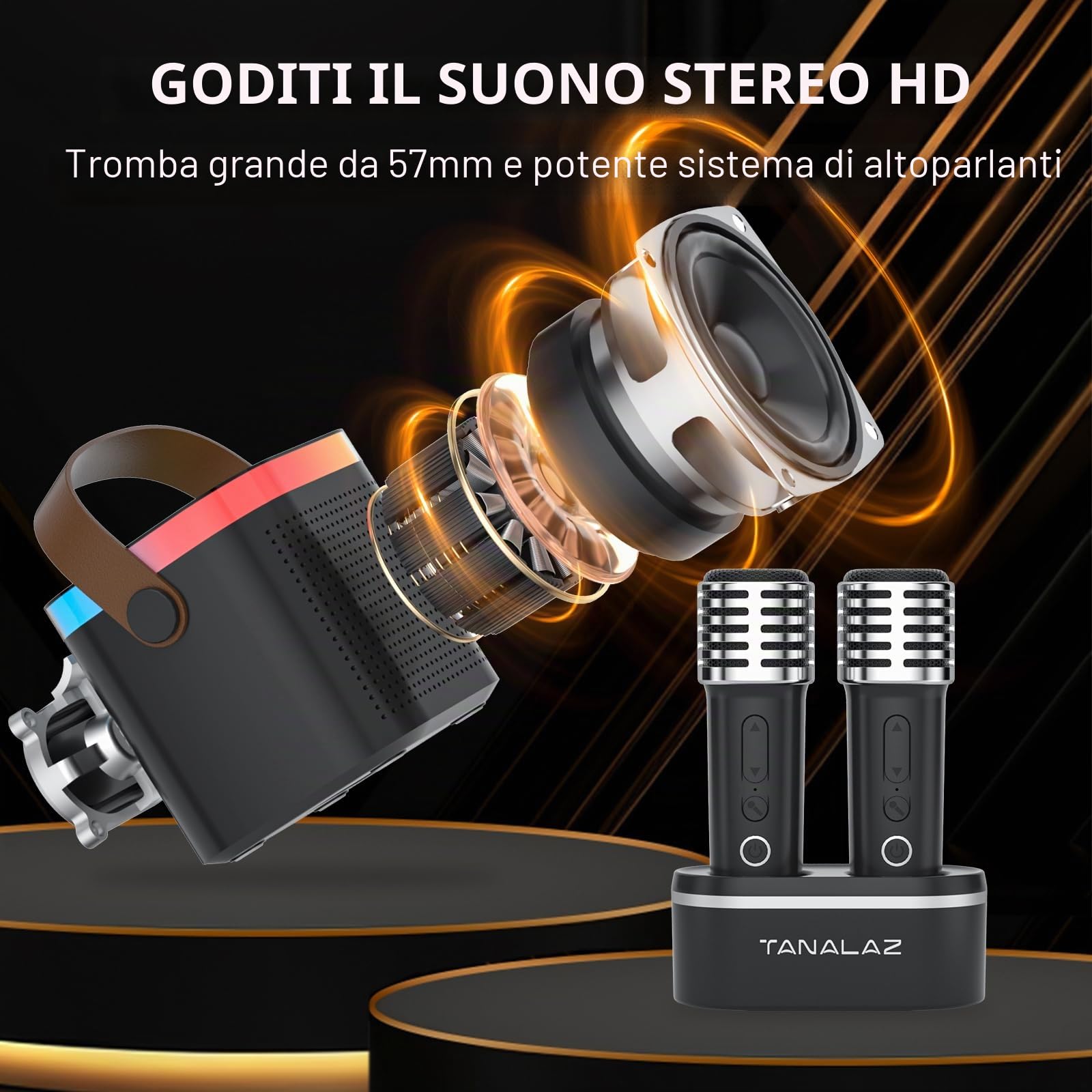 Macchina Karaoke con 2 Microfono Wireless e Base, Aggiornato Cassa Bluetooth con Microfoni, Karaoke Macchina per Bambini con Luci LED ed Effetti Voce, Regalo per 3-12 Anni Bambini Adulti