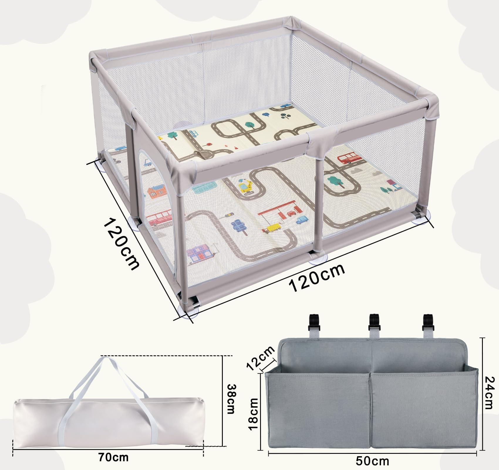 Laufstall Baby 120x120 cm mit Spielmatte und 2 Aufbewahrungstaschen,Laufgitter Baby mit Matratze,Baby Playpen aus 600D Oxford,Atmungsaktives Laufgitter,Sicherer Spielbereich für Babys und Kleinkinder