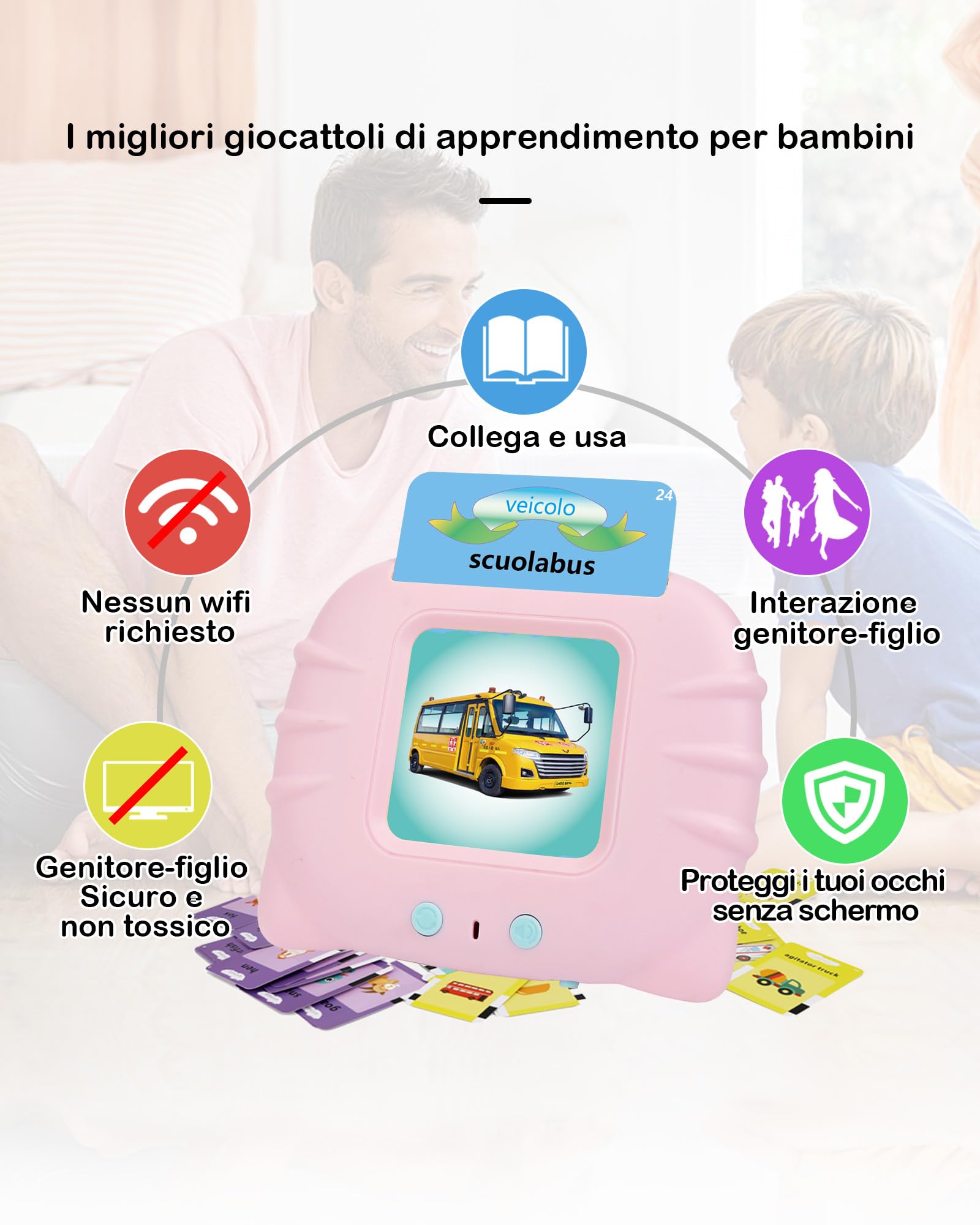 Schede flash parlanti, giocattoli per bambini da 1 a 12 anni, giocattoli educativi per bambini in età prescolare, per l'ascolto e l'apprendimento di base, 224 parole (colore rosa, in italiano)