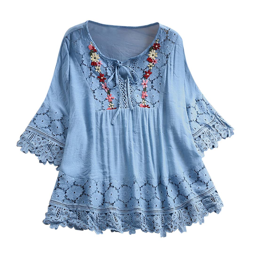 Camicetta da Donna in Pizzo con Scollo a V e Maniche a 3/4 Camicie estive in Lino Patchwork Vintage Casual Top a Tunica Larga 1-Blue L