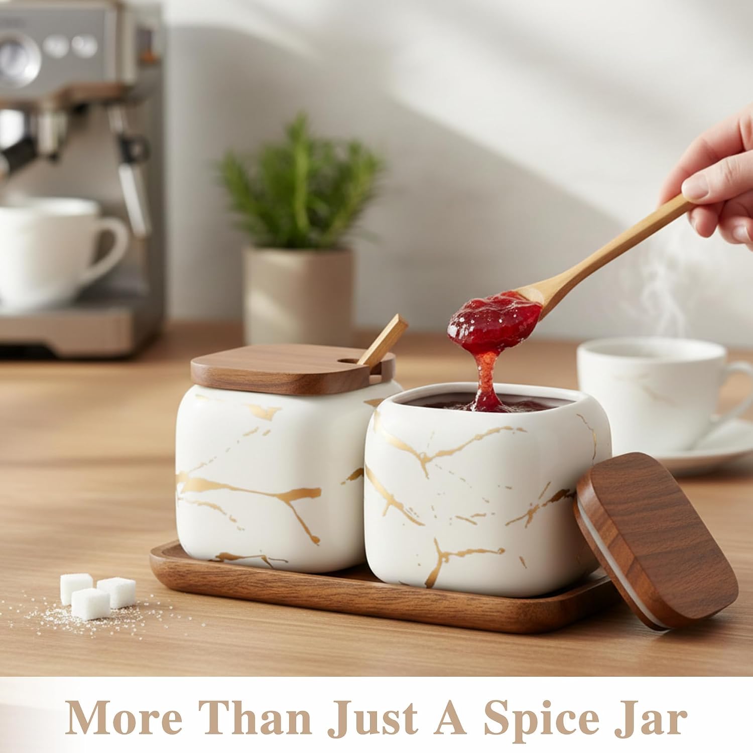 EIMQUVW Sets of 2 Marble Ceramic Seasoning Jars Ceramic Sugar Salt bowl Condiment Pots with Wooden Lids,Wooden Spoon and Woodens Tray(White)
