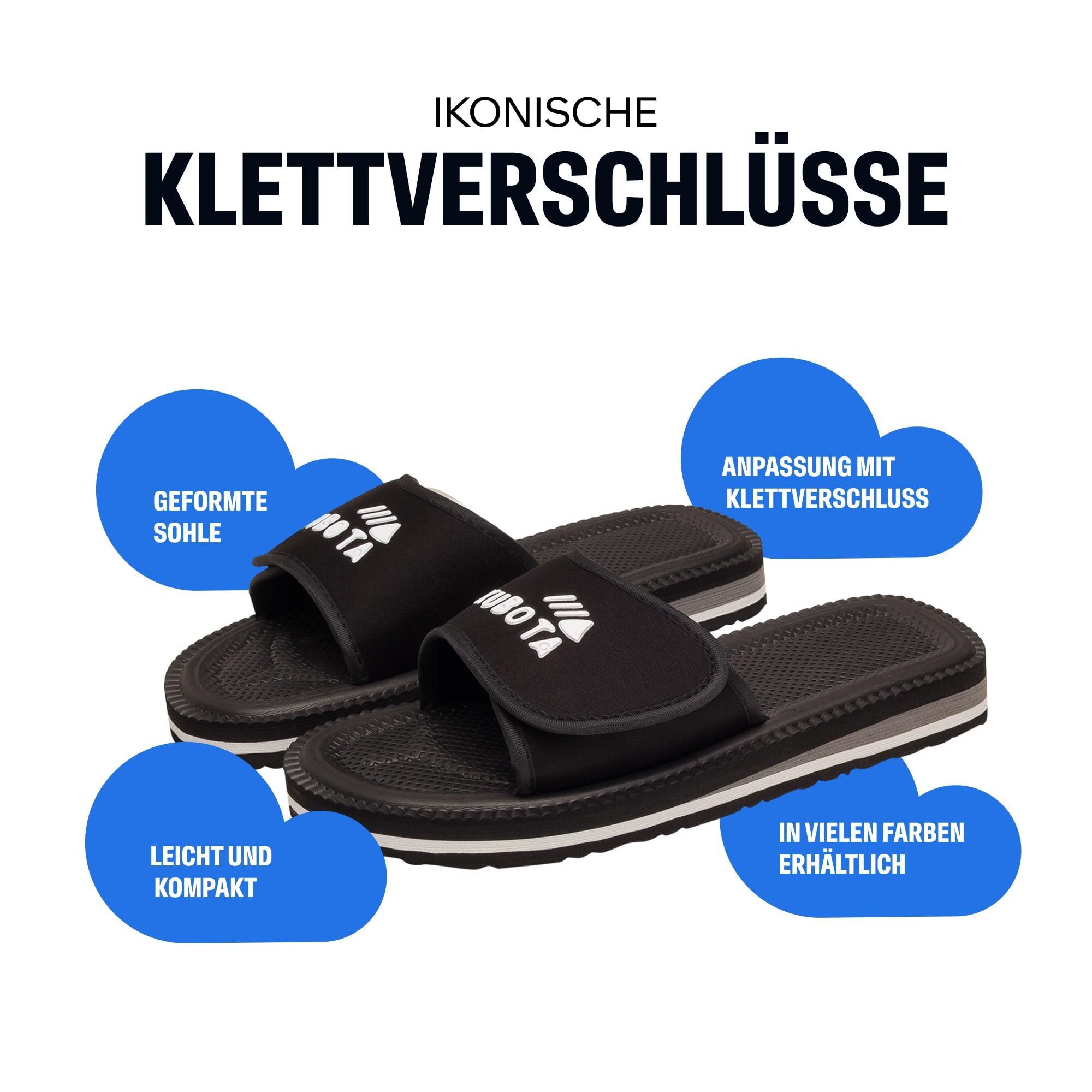 Kubota Badelatschen mit Klettverschluss - Badeschuhe für Herren & Damen - Badeschlappen für Strand – Baden Latschen - Schuhe fur Dusch und Sauna