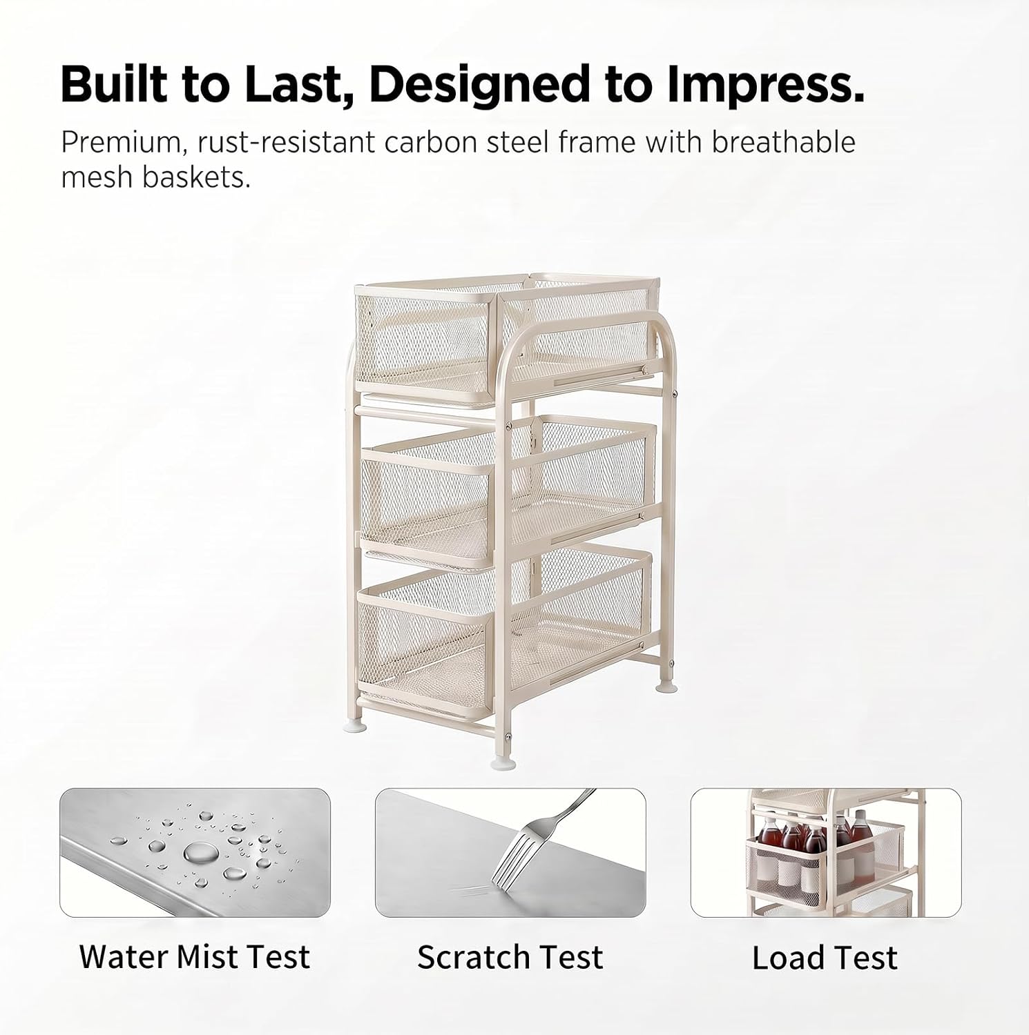 PureBox 3 Tier Under Sink Organizer, Pull Out Cabinet Storage Organizer with Sliding Mesh Drawers, Heavy Duty Metal Under Sink Storage for Kitchen, Bathroom, Cabinet, Small Space, White, 1 Pack