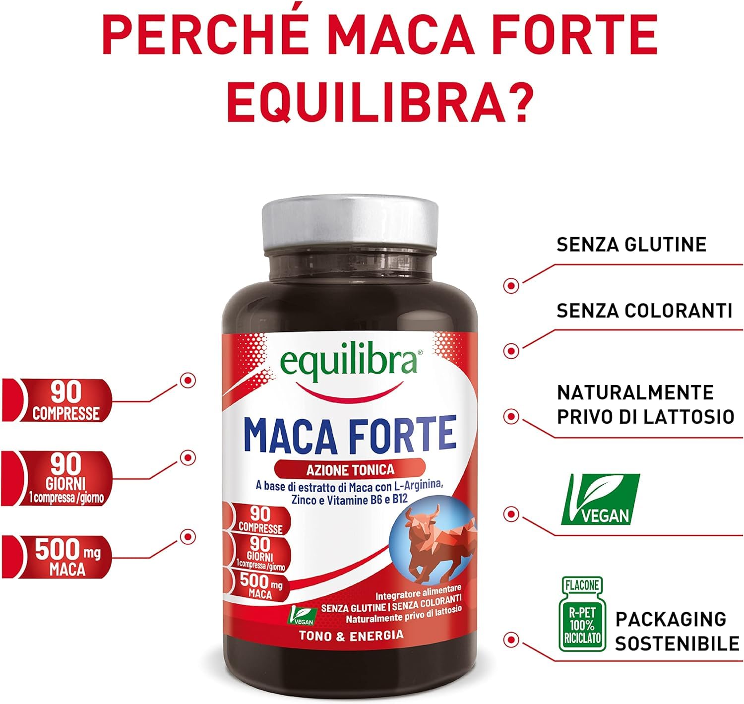 Equilibra Integratori Alimentari, Maca Forte, Tono e Vigore Fisico, Altodosato a Base di Estratto di Radice di Maca Peruviana 500 mg, L-Arginina, Zinco, Vitamine B6 e B12, 90 Compresse