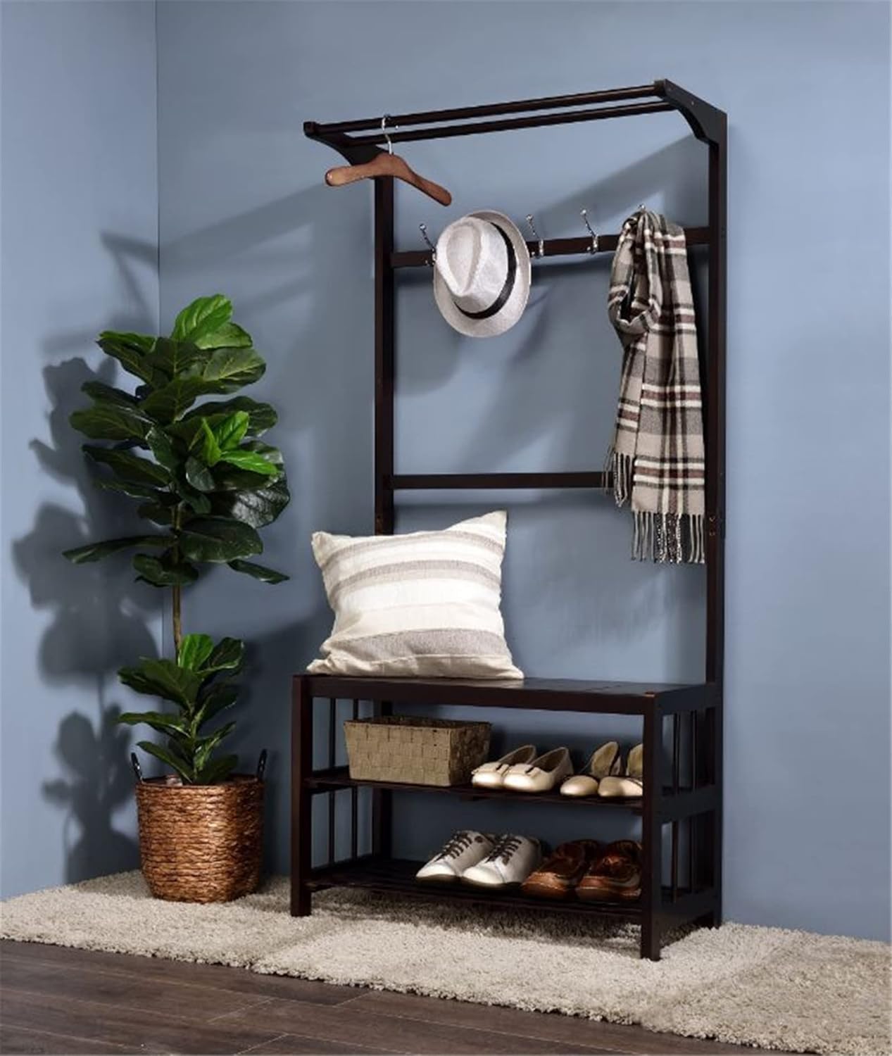 Modern Queen Bed Hall Tree Wall Mirror Wall Clock Timer Decor Accent Table Dresser for Home Bedroom (Antique White Mirror) (Espresso Hall Tree)