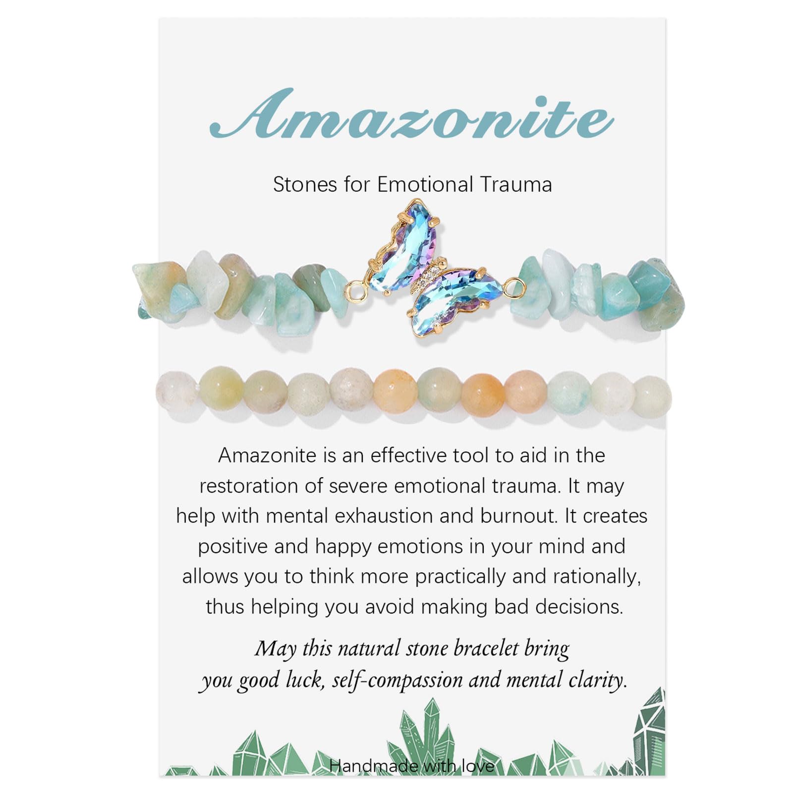 2 Stück Echtes Amazonit Edelstein Armband für Damen, 8mm Natürliche Amazonit Heilsteine Perlenarmband mit Schmetterlings, Verstellbare Naturstein Armbänder Schmuck für Geburtstag Jubiläum Weihnachten