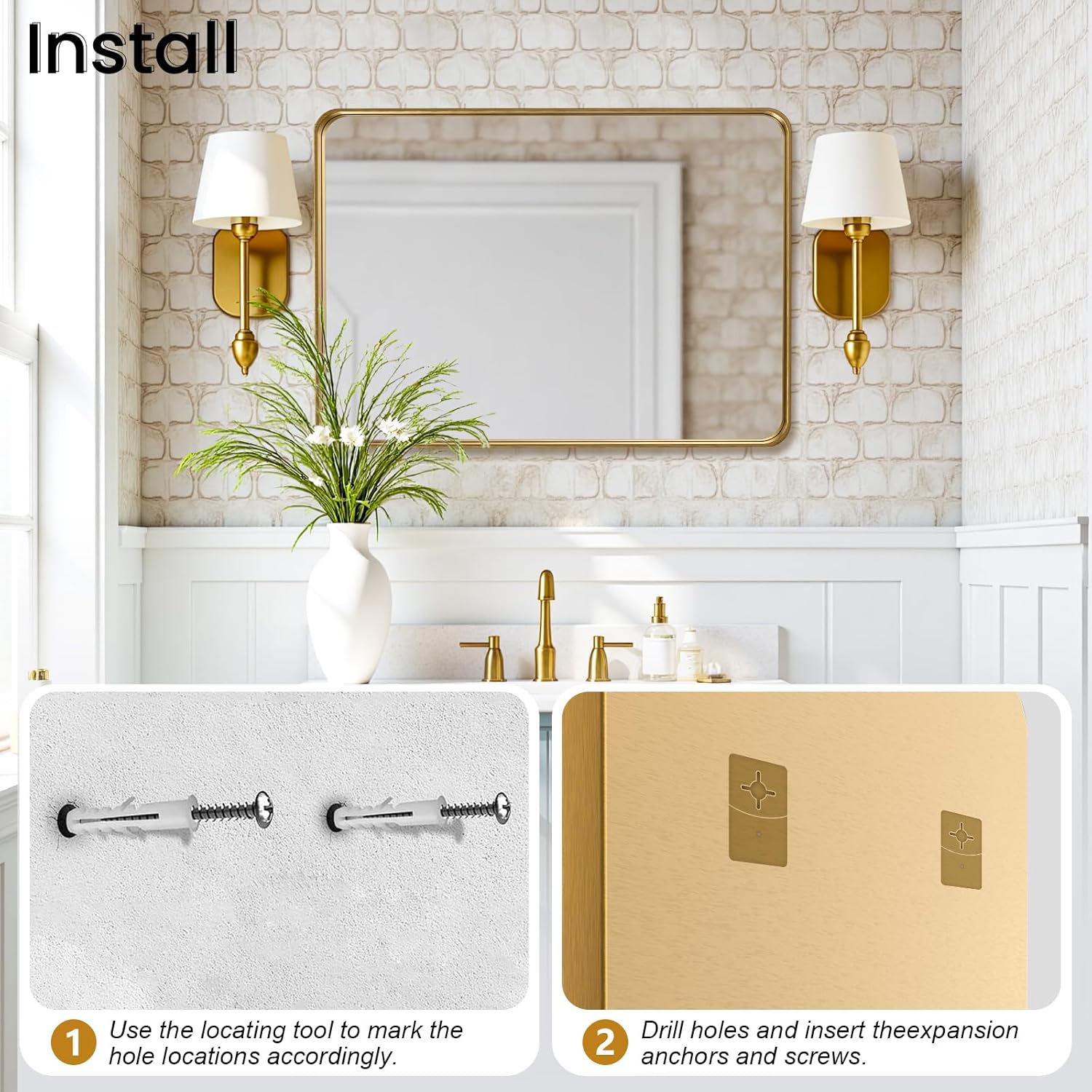 28x36 Inch Large Brushed Gold Bathroom Mirror, Premium Aluminum Anti-Rust Frame, HD Wall Mounted Decorative Mirror, Oversized Rectangle for Double Vanity and Master Suite