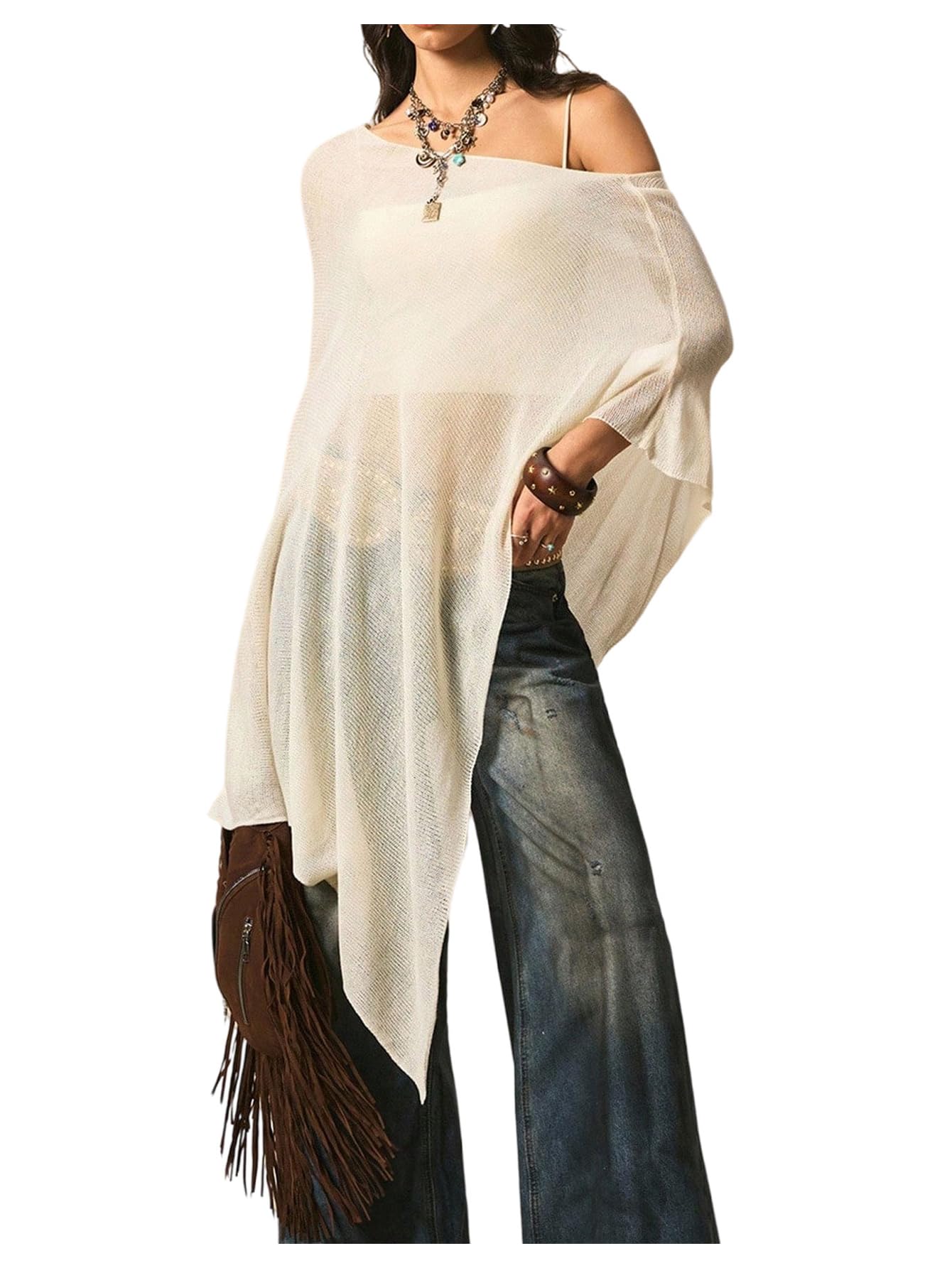 MakeMeChic Womens Off The Shoulder Poncho Top Sheer Fall Y2K Lightweight Pullover Sweaters
