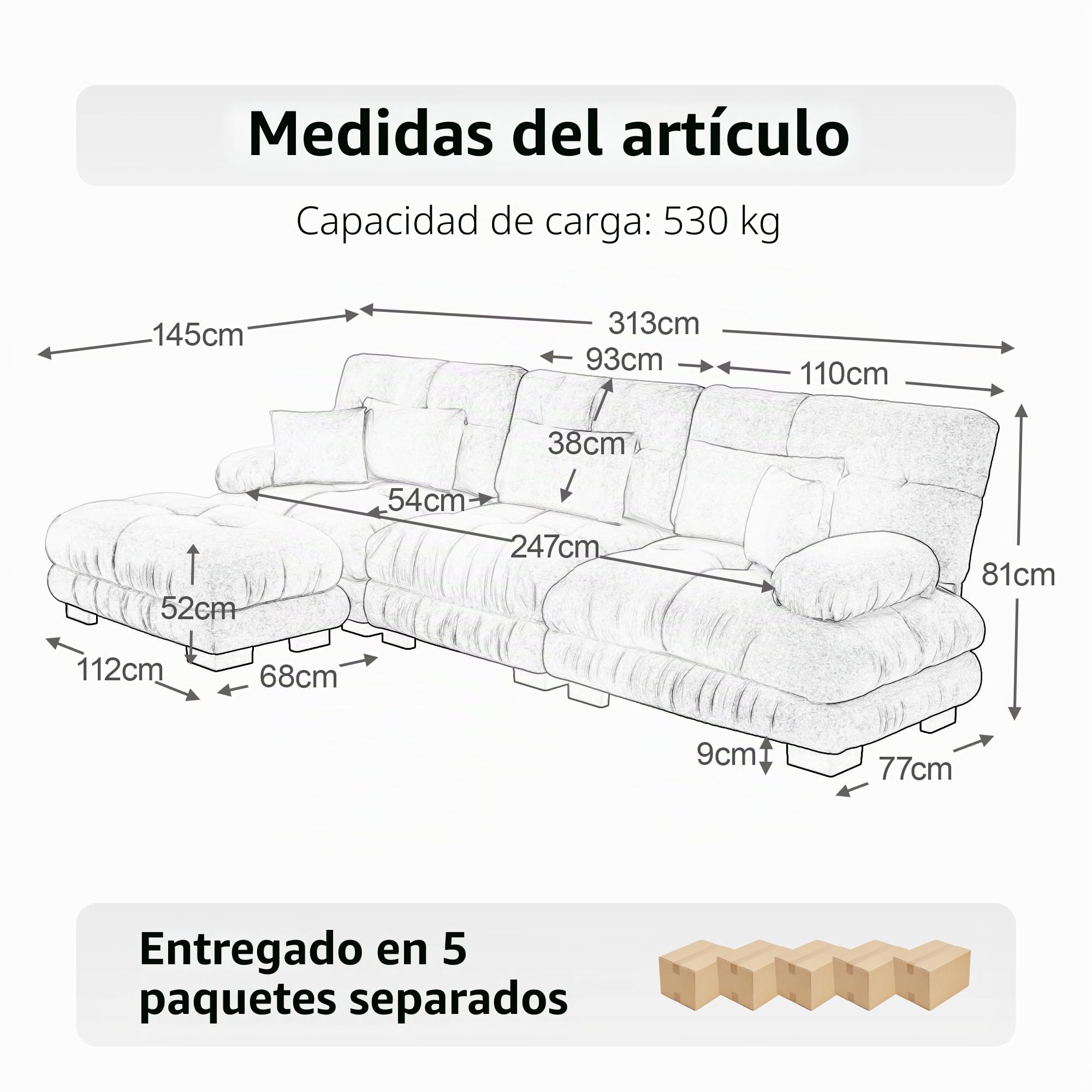 Sofá esquinero convertible moderno de 313 cm, sofá grande convertible de 3 plazas con puf para salón, sofá modular profundo con estructura de madera maciza y revestimiento de chenilla, café claro