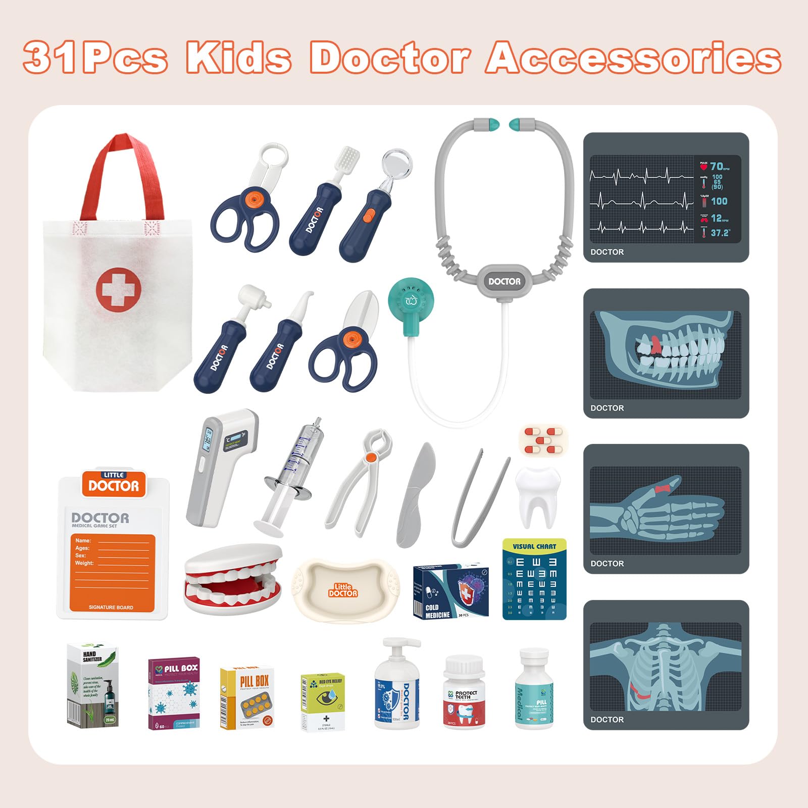RedCrab Kit Dottore Bambini, 30 Giocattolo Medico Accessori con Stetoscopio, Termometro e Siringa, Giochi di Ruolo Regalo Giocattolo Educativo per Bambini 3+ Anni