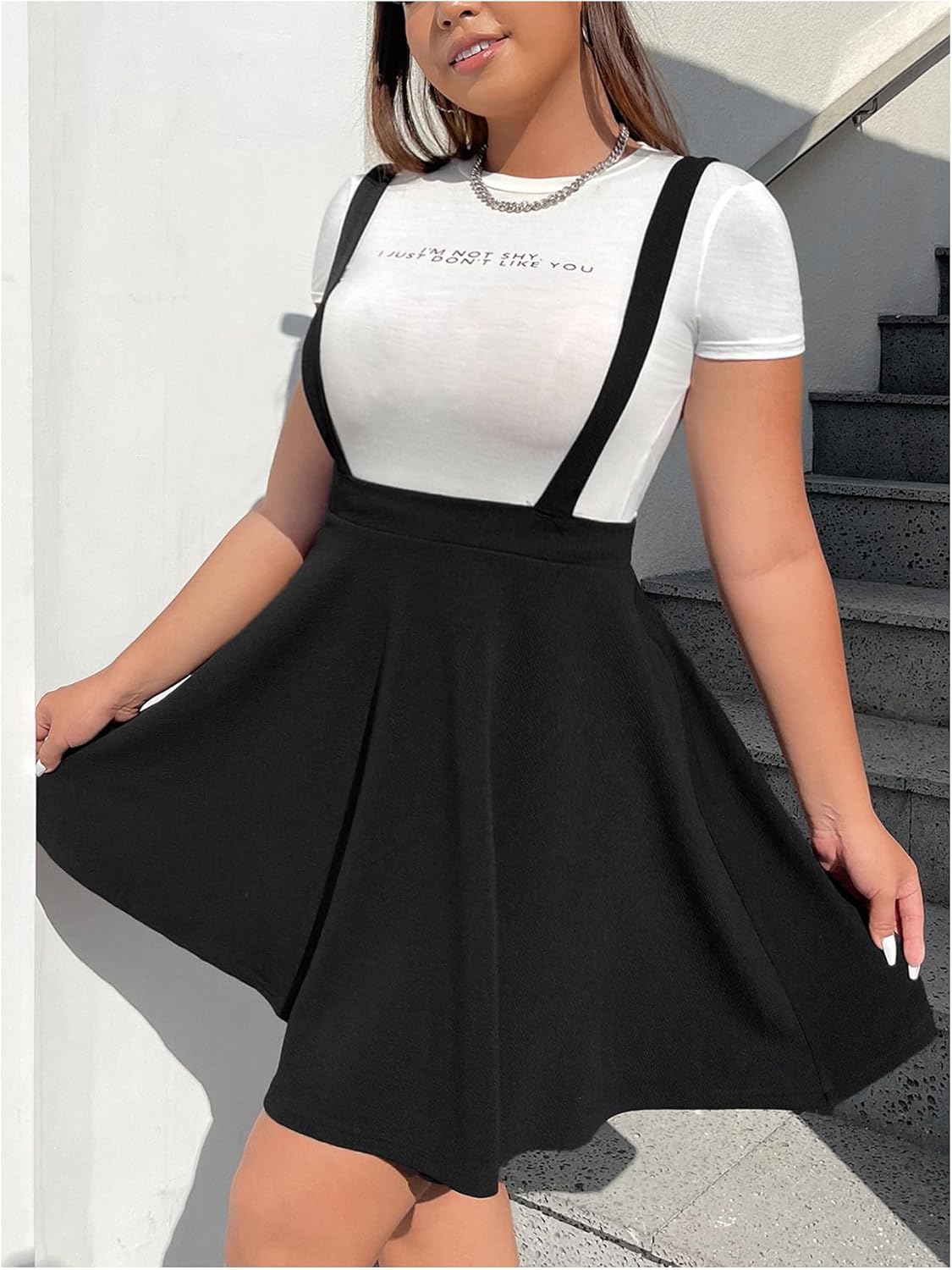 OYOANGLE Women's Plus Size Suspender Skirt High Waist Ruffle Hem Straps Overall Pinafore Dress - Image 3