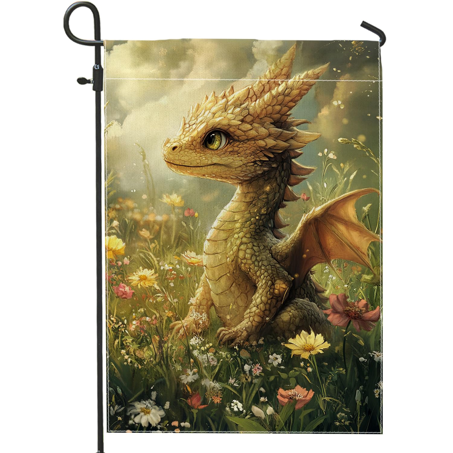 Spring Floral Dragon Garden Flag, Green Cute Dragon Design Garden Flags, Double Sided Burlap Yard Flag Outdoor Decor, Perfect for Home Lawn Decoration 12x18 Inch