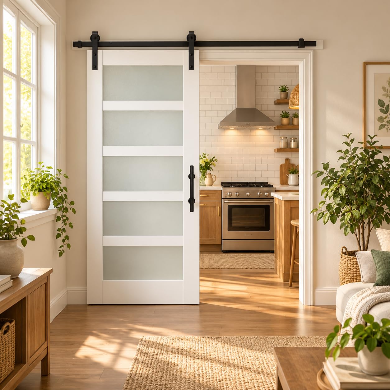 S&amp;Z TOPHAND® 34in x 84in Glass Sliding MDF Barn Door with Sliding Door Hardware Kit, 6 Tempered Frosted Glass, Slab Inside Covered with Water-Proof PVC Surface, Simple DIY Assembly