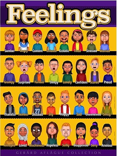 Gerard Aflague Collection New Kids Feelings - Ayuda visual educativa de 18 x 24 pulgadas, impresión de póster de 100 libras, revestimiento