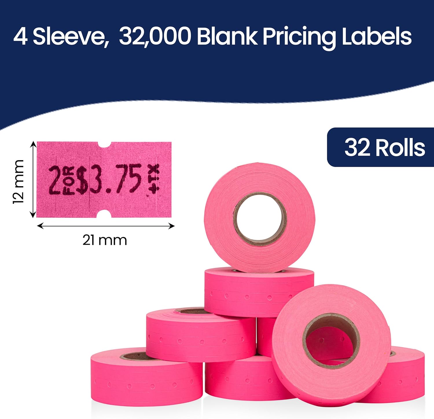 Perco 1 Line Fluorescent Pink Labels - 32 Rolls, 4 Sleeves, 32,000 Blank Price and Date Gun Labels for Perco Lite, X, Plus and Pro 1 Line Price and Date Guns - Made in USA