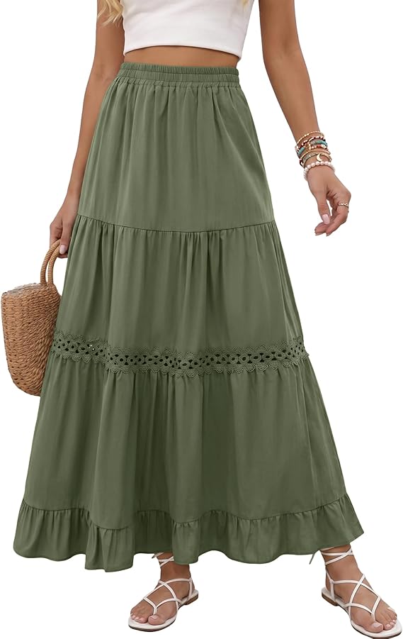Zelroxa Womens Long Maxi Cotton Skirts Boho Lace Crochet Tiered Flowy Ruffle A-Line Skirt 2026 Trendy Beach Vacation Outfits
