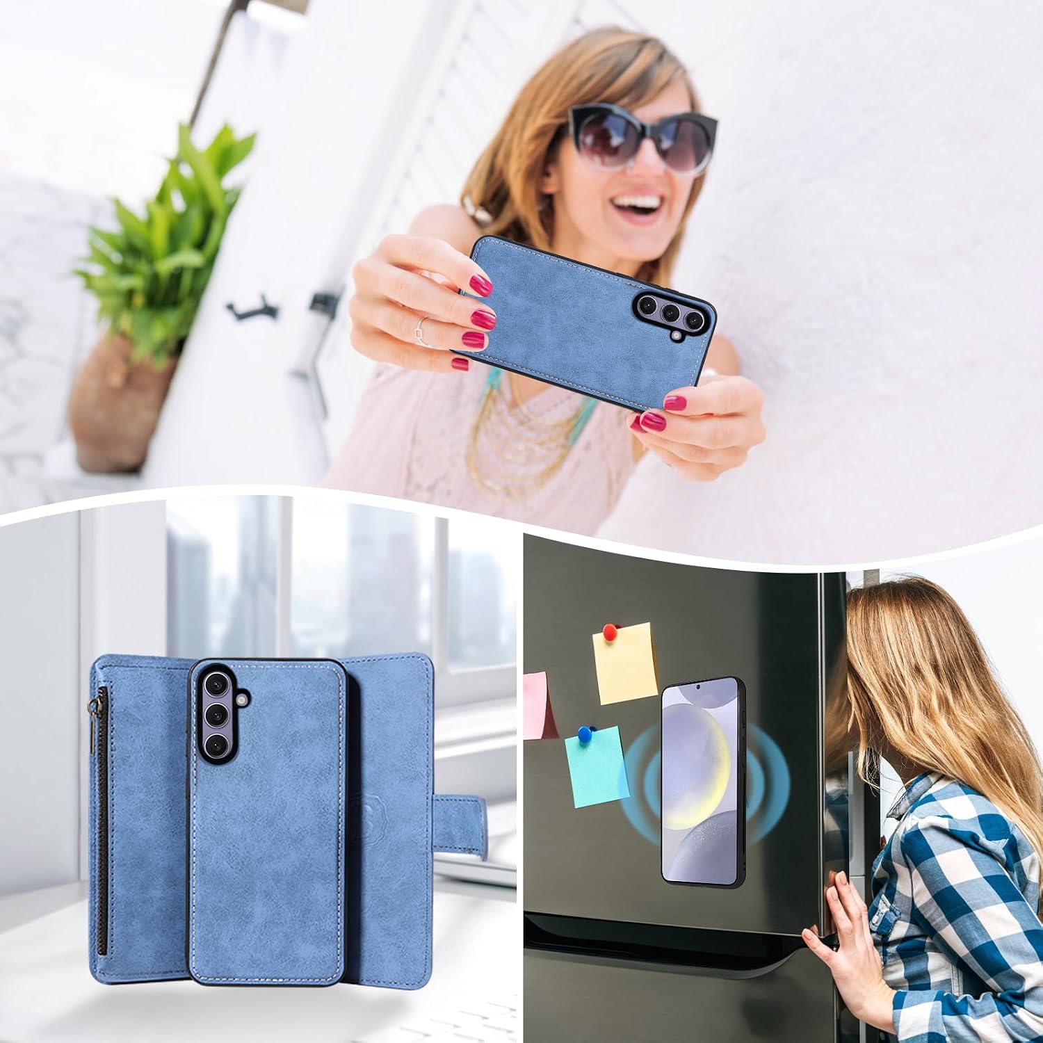 Asuwish Phone Case for Samsung Galaxy S24 Plus/S25 Plus S24+ S25+ 5G Zipper Wallet Cell Cover with Screen Protector Strap Flip Card Holder Slot S24Plus 24S + S 24 24+ S25Plus 25S 25+ Women Blue